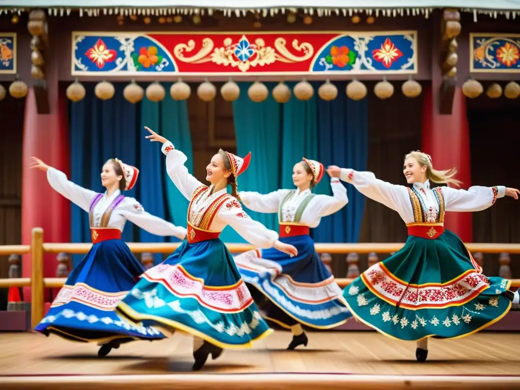 Grupo de bailarines rusos en trajes tradicionales, saltando con alegría