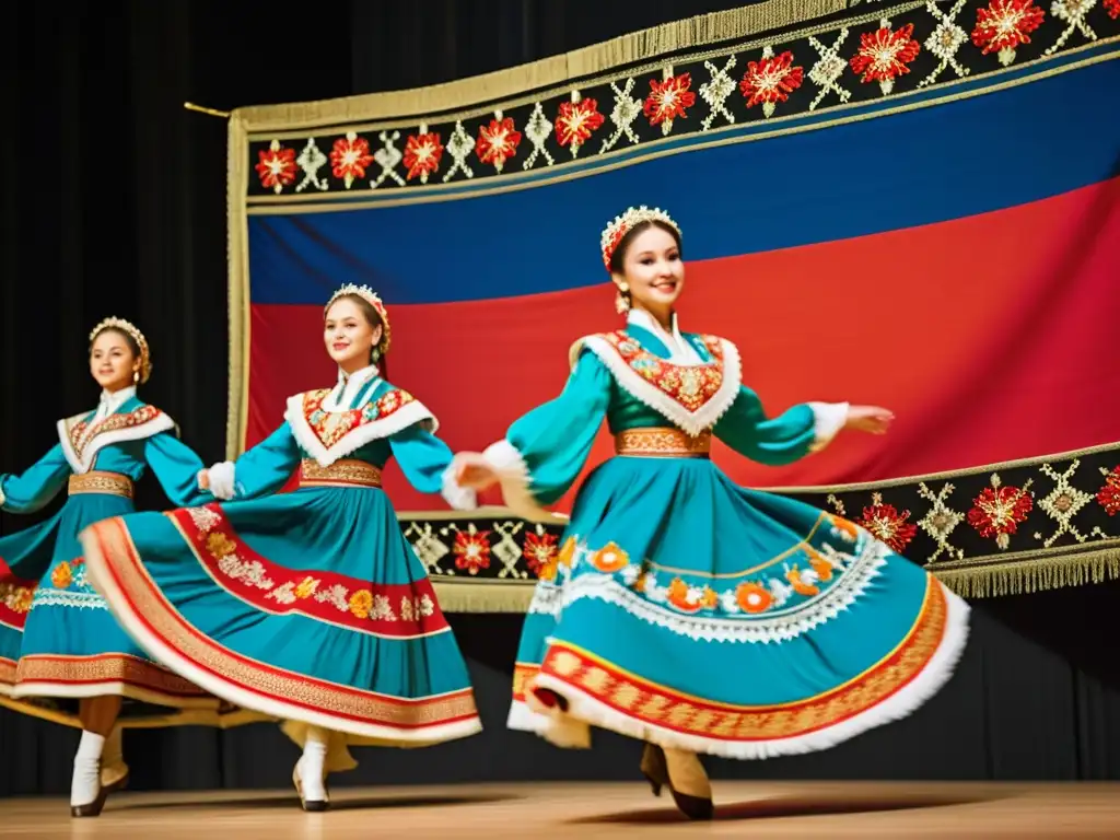 Grupo de bailarines rusos en trajes tradicionales realizando saltos y giros en una danza sincronizada