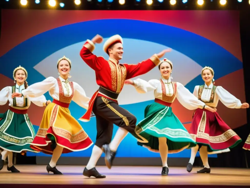 Grupo de bailarines rusos en trajes tradicionales ejecutando saltos y giros en una danza folclórica rusa, transmitiendo energía y tradición