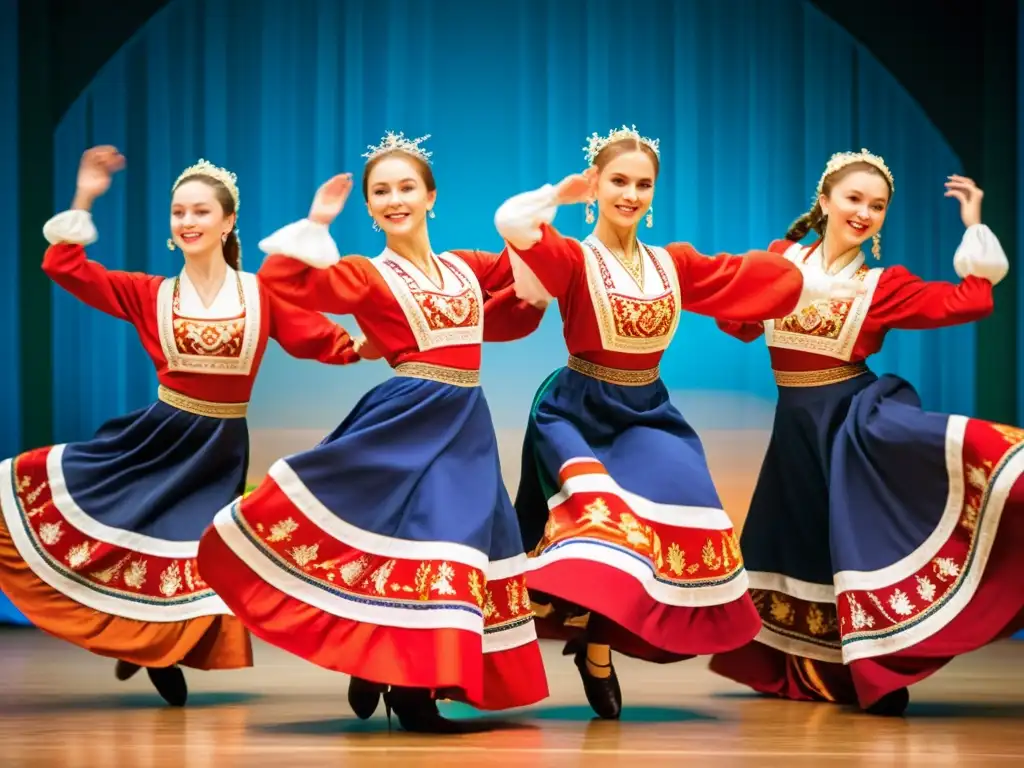 Un grupo de bailarines rusos en trajes tradicionales realizando saltos y giros en una danza energética y elegante