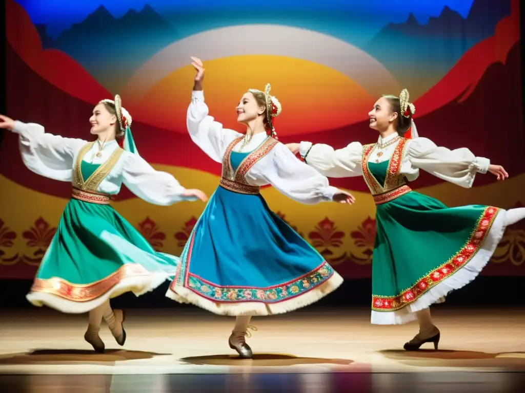 Grupo de bailarines rusos en trajes folclóricos, interpretando la danza Kalinka con gracia y energía