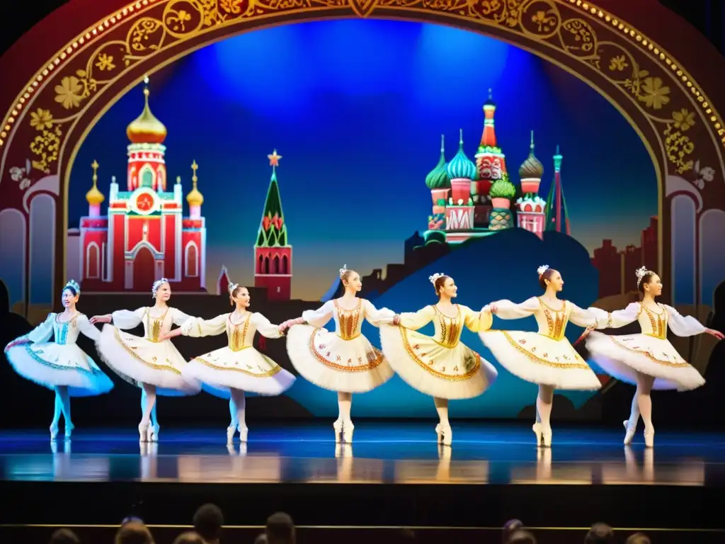 Grupo de bailarines rusos en trajes tradicionales ejecutan una danza folklórica sincronizada y dinámica en un escenario con un fondo ornamental