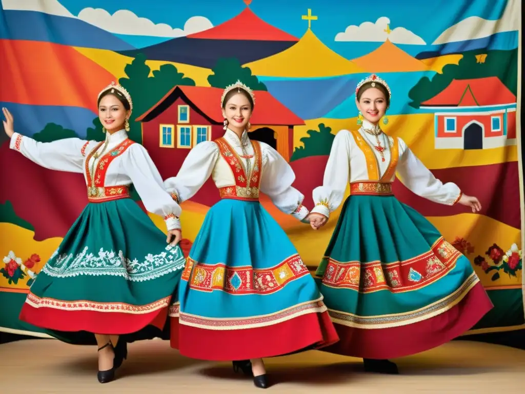 Grupo de bailarines rusos en trajes tradicionales, mostrando gracia y orgullo cultural