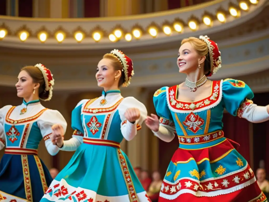 Un grupo de bailarines rusos en trajes coloridos y bordados realizan una rutina sincronizada en un elegante salón