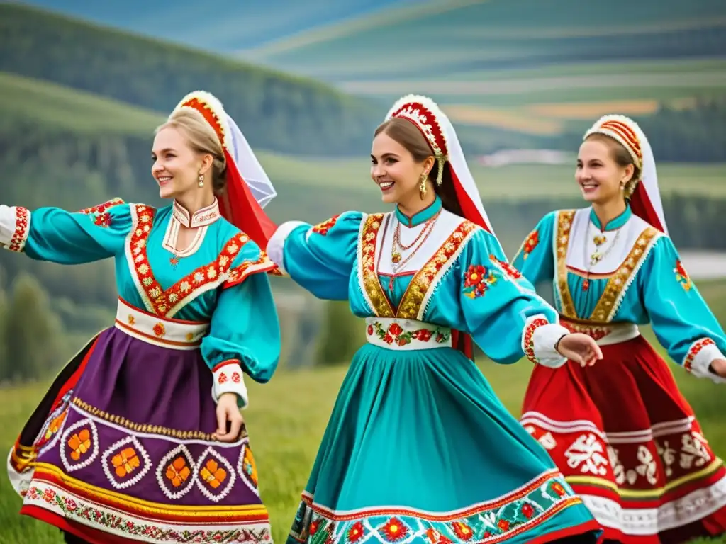 Grupo de bailarines rusos en trajes tradicionales, ejecutando danza folklórica rusa en paisaje rural