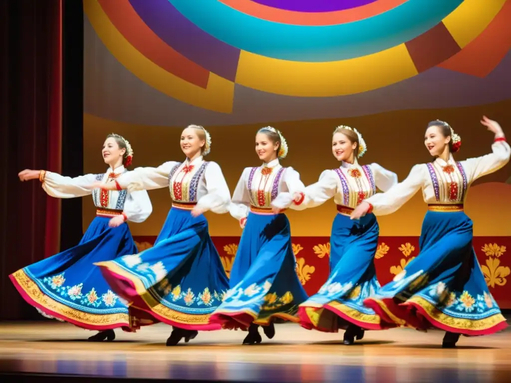 Grupo de bailarines rusos en trajes tradicionales realizan una coreografía vibrante en un escenario colorido