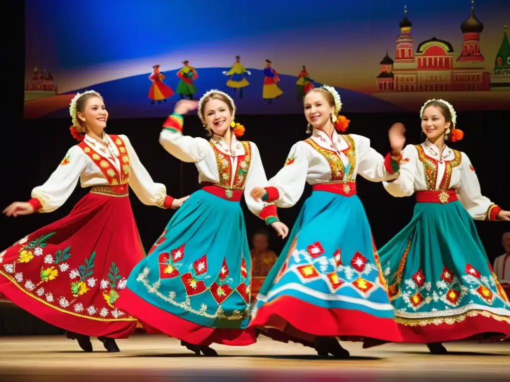 Grupo de bailarines rusos con trajes tradicionales realizando una danza folklórica rusa en un escenario impresionante