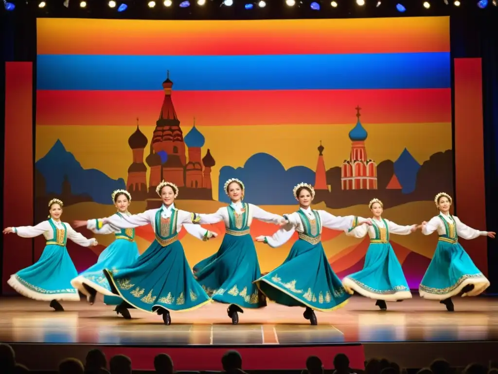 Grupo de bailarines rusos en trajes tradicionales realizando una coreografía dinámica en un escenario colorido, representando la historia del ballet folklórico ruso