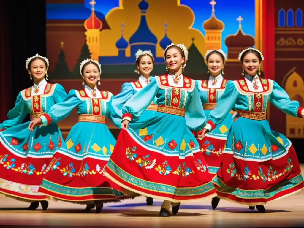 Grupo de bailarines rusos en trajes tradicionales ejecutando movimientos sincronizados con pasión y gracia en escenario