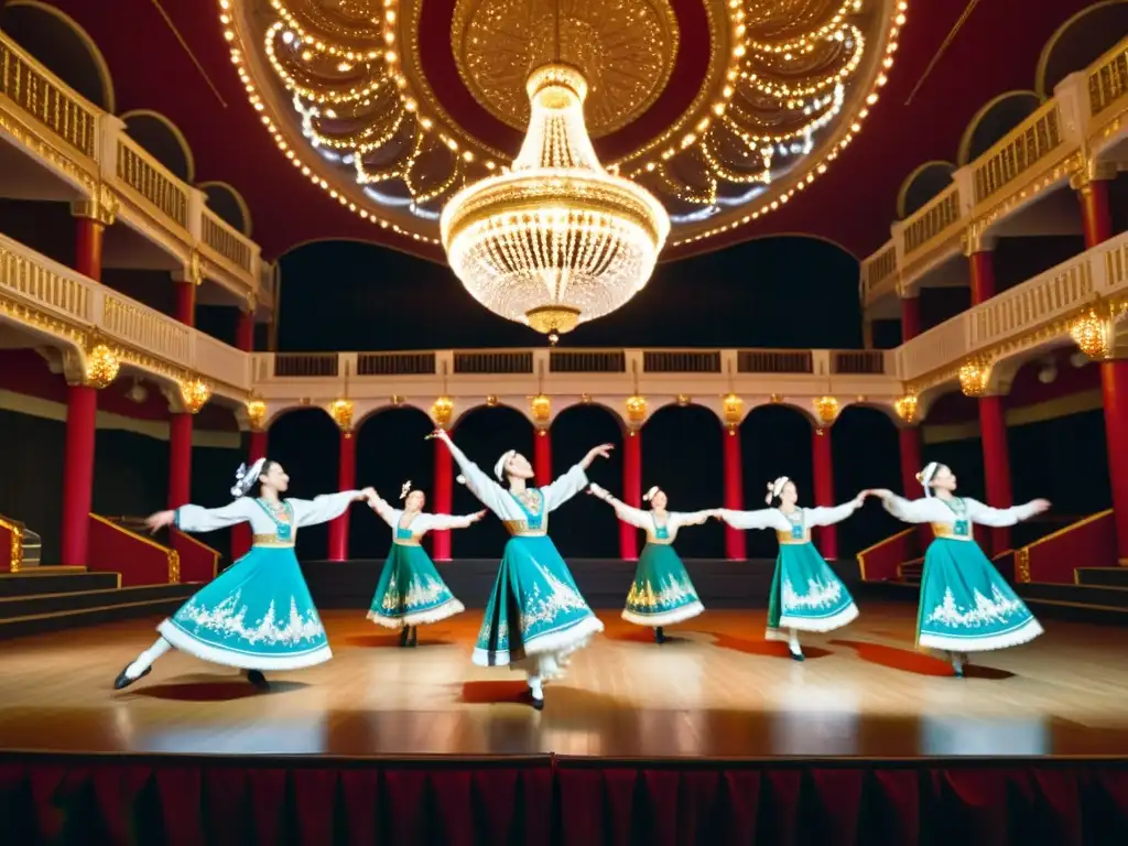 Grupo de bailarines rusos en vibrante danza Kalinka en teatro grandioso, resaltando historia y folclore ruso