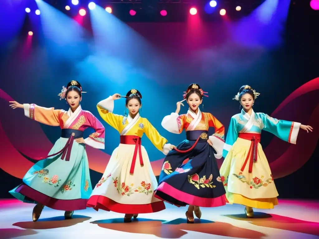 Grupo de bailarines en Hanbok realizando una rutina dinámica de danza coreana en el Kpop, con iluminación vibrante en el escenario