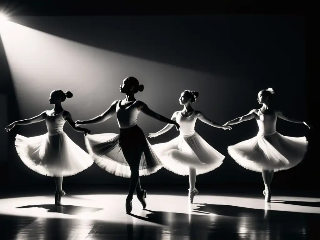 Grupo de bailarines ensayando una rutina con pasión en un estudio tenue