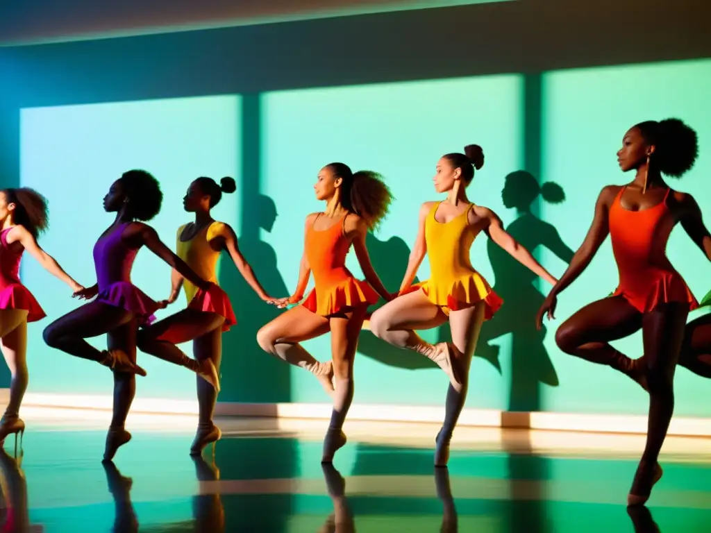 Un grupo de bailarines ejecuta una rutina sincronizada, reflejando niveles de aprendizaje en danza con gracia y pasión