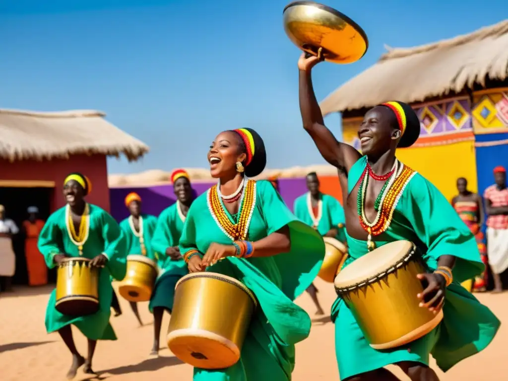 Grupo de bailarines Sabar en Senegal, con trajes tradicionales coloridos y movimientos enérgicos al ritmo de tambores