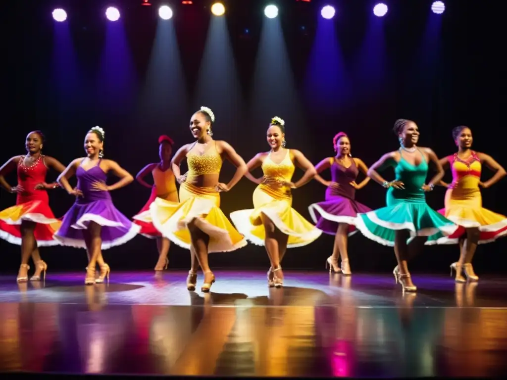 Un grupo de bailarines de salsa expertos, vestidos con trajes tradicionales vibrantes, se mueven con precisión y gracia en un escenario tenue