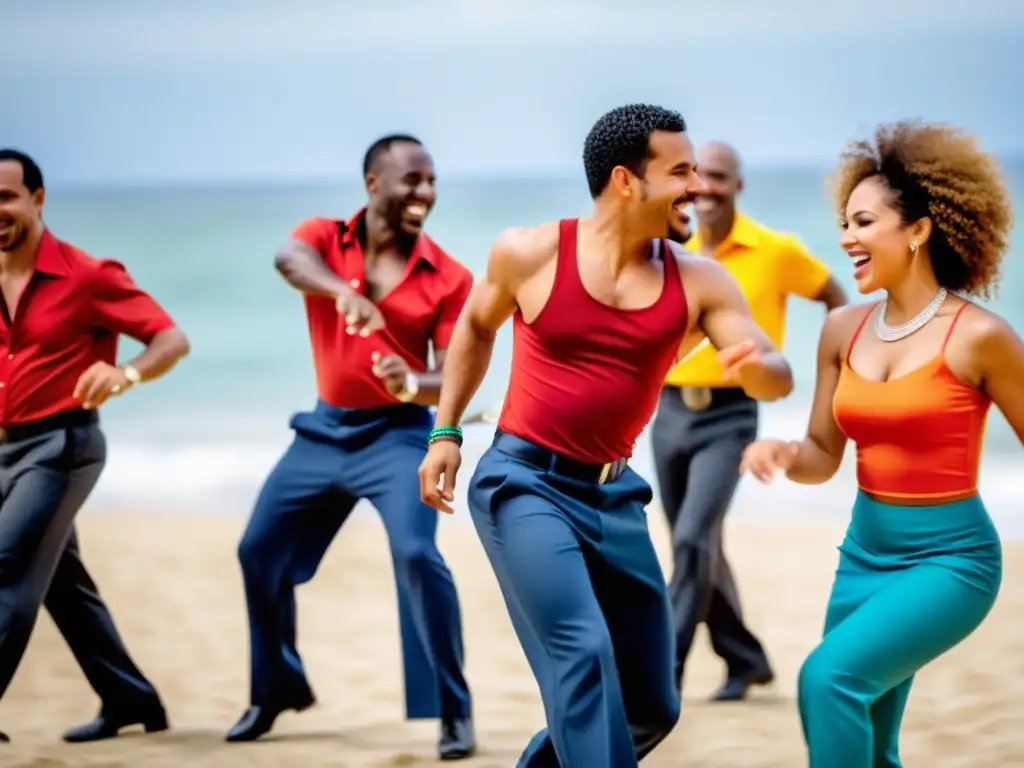 Grupo de bailarines de salsa disfrutando los ritmos afrolatinos en la salsa tradicional, con trajes vibrantes y movimientos gráciles