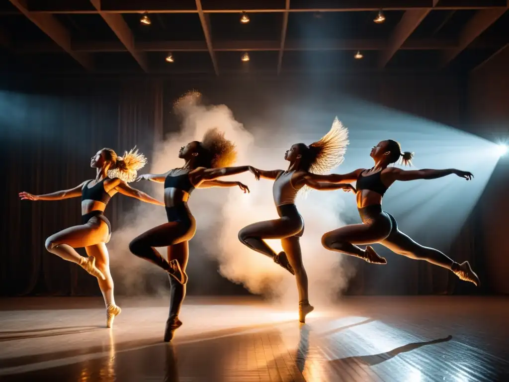 Grupo de bailarines en salto, iluminados por luces en estudio