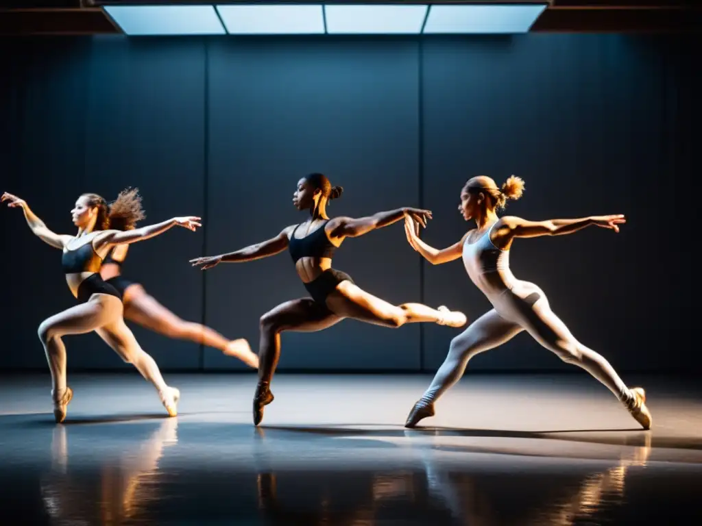 Un grupo de bailarines ejecutando un salto impresionante en un estudio, con una atmósfera de intensidad y pasión