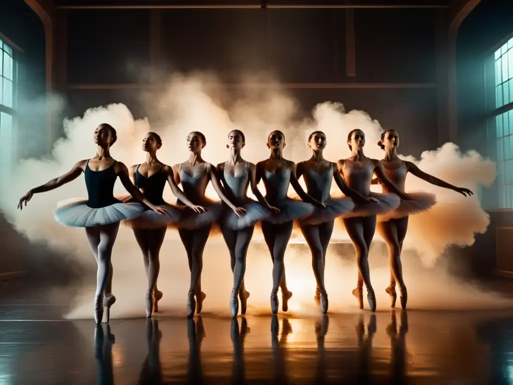 Grupo de bailarines en un salto impresionante, rodeados de polvo en el aire y una iluminación atmosférica, transmitiendo fuerza, gracia y pasión