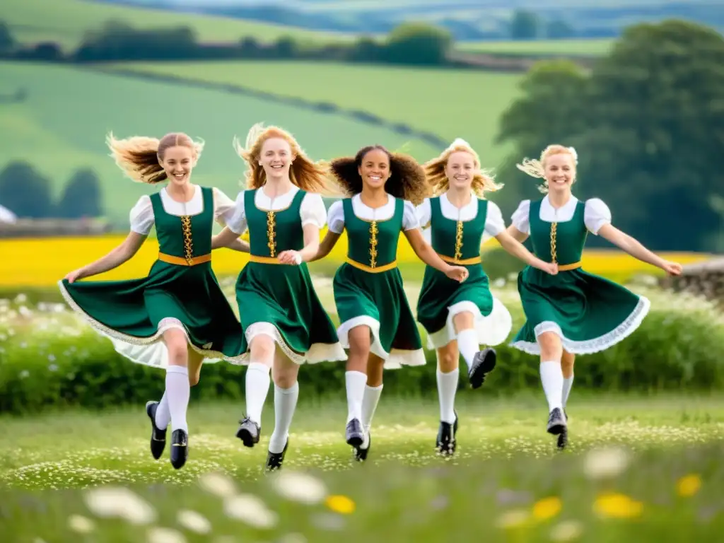 Un grupo de bailarines ejecutando un salto sincronizado con trajes tradicionales de danza irlandesa en un campo verde