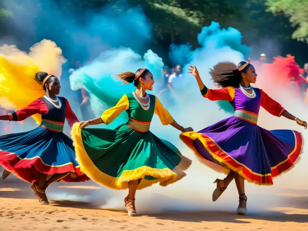 Grupo de bailarines en salto con trajes tradicionales de la danza ritual de guerra y paz, capturando la energía y gracia del baile