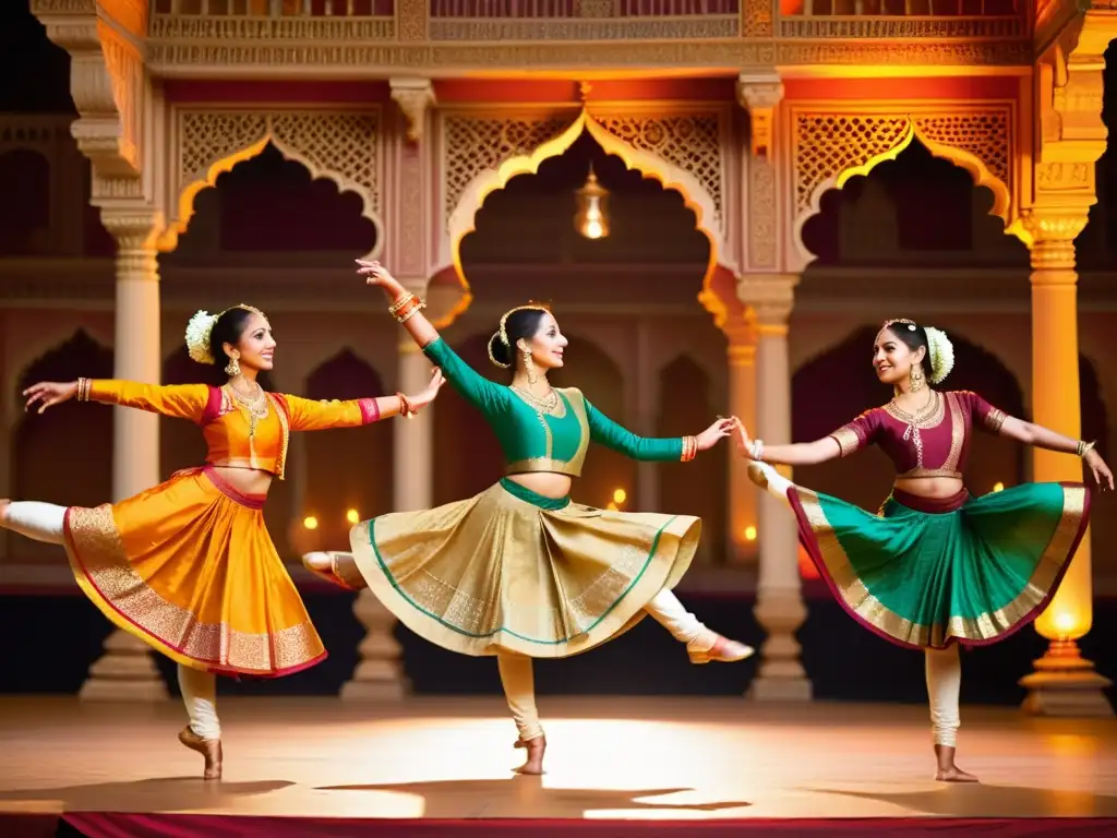 Grupo de bailarines de Kathak en saltos dinámicos, con trajes tradicionales vibrantes, mostrando la esencia de este arte antiguo