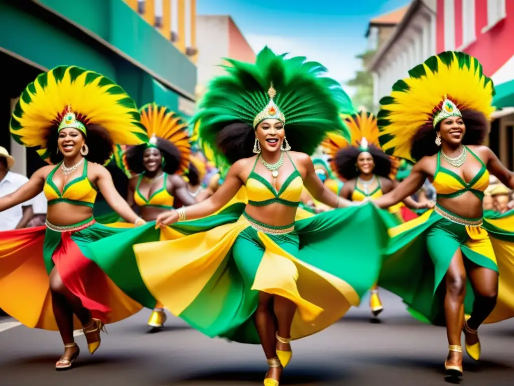 Grupo de bailarines de samba brasileña con trajes coloridos en un desfile callejero, mostrando la influencia africana en la Samba brasileña