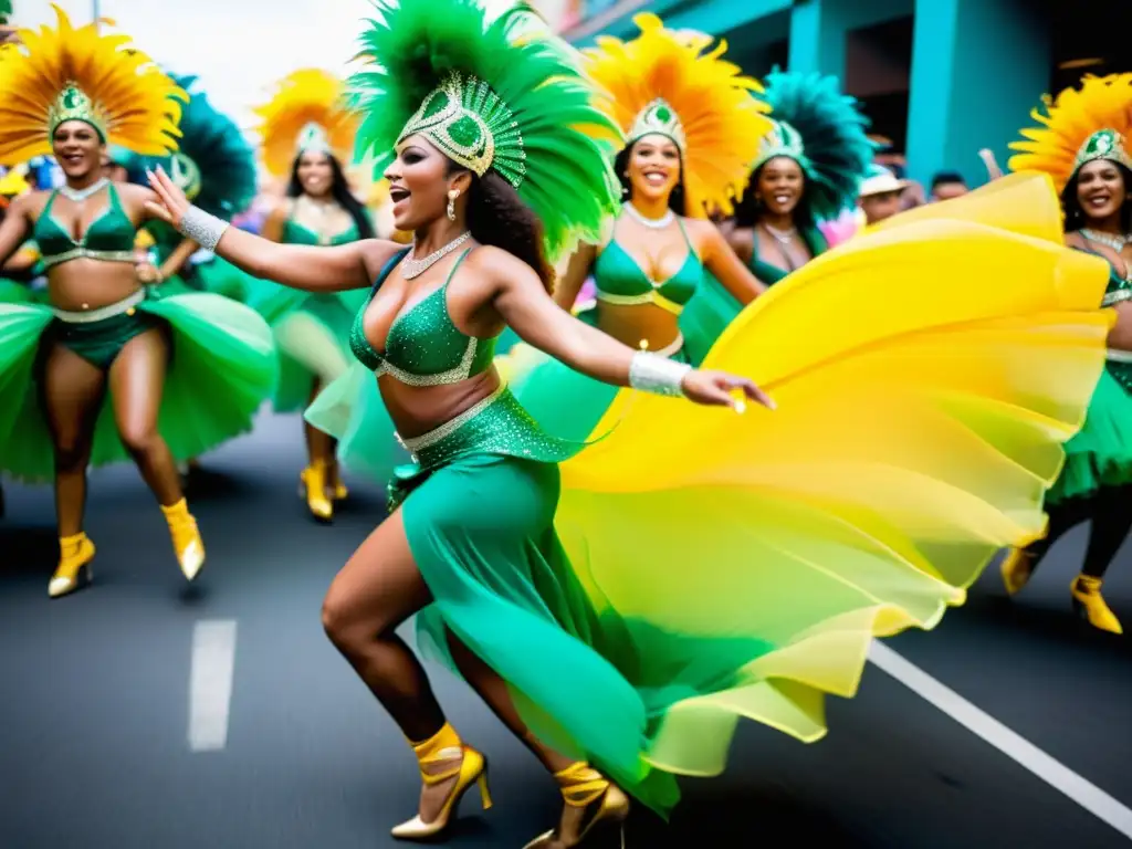 Grupo de bailarines de samba brasileña en vibrantes trajes, ejecutando movimientos clave durante un desfile de carnaval