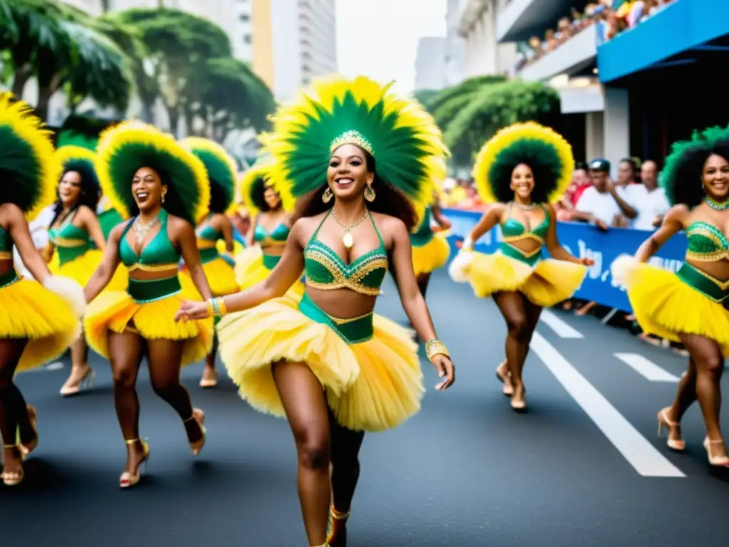 Grupo de bailarines de samba brasileña con influencia africana, en desfile de Rio de Janeiro con vibrantes trajes y sonrisas contagiosas