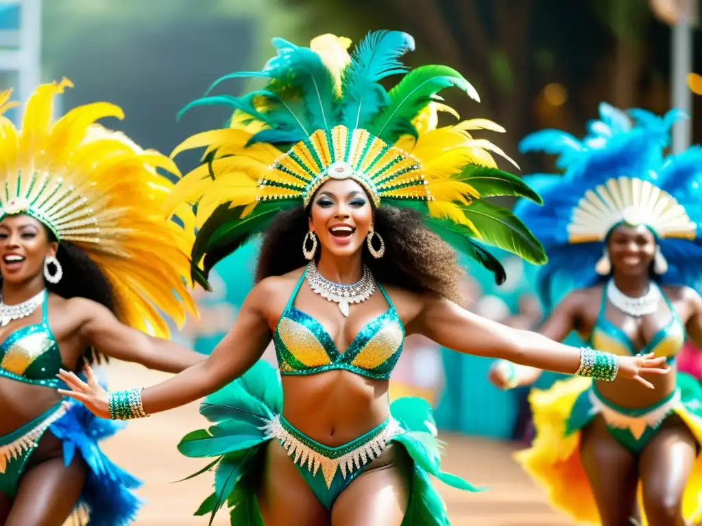 Grupo de bailarines de samba brasileño en un vibrante carnaval, mostrando el origen y significado cultural del Samba brasileño