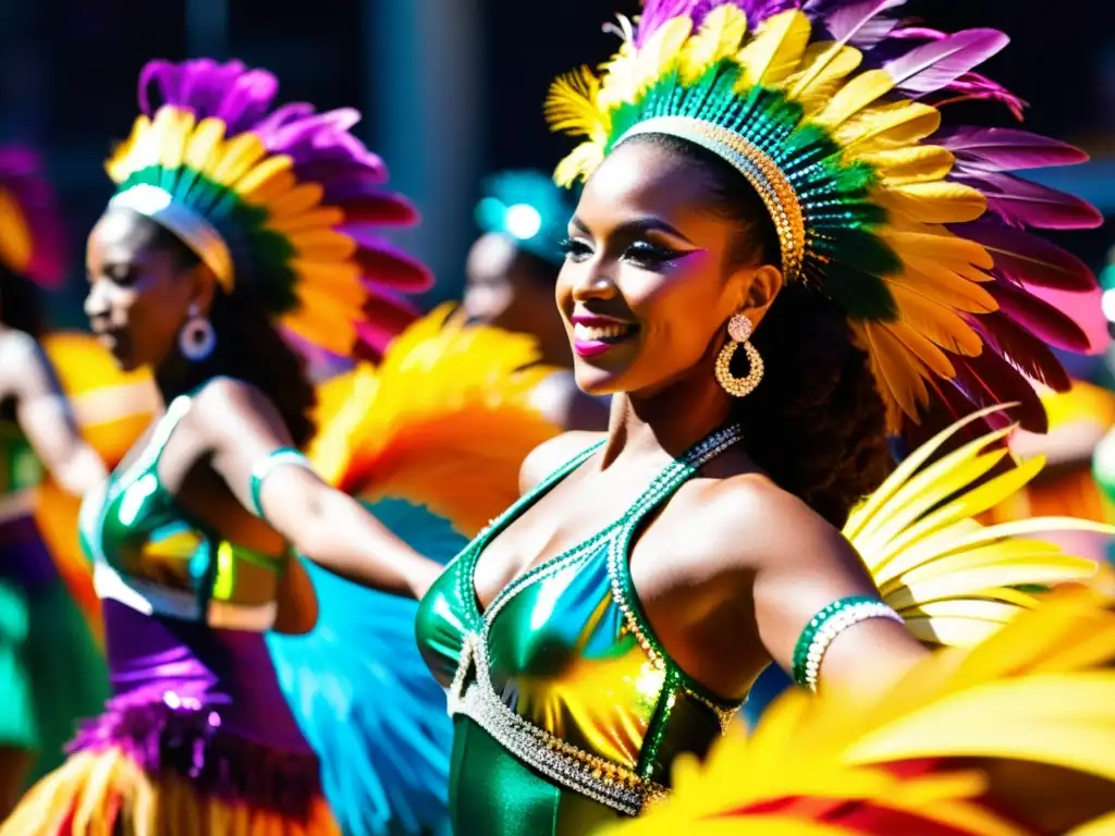 Grupo de bailarines de samba en el Carnaval de Río, deslumbrantes en sus trajes coloridos y detallados