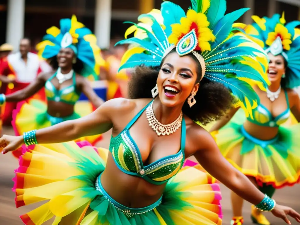 Grupo de bailarines de samba con movimientos dinámicos y coloridos, capturando la energía y pasión de la técnica samba brasileña