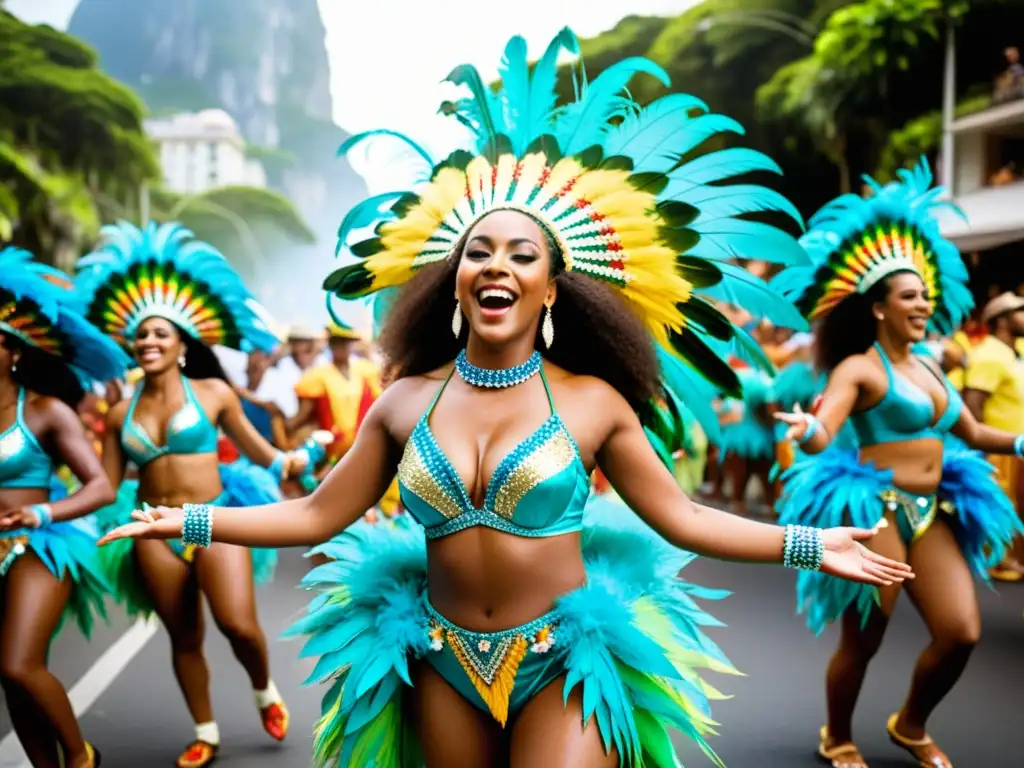 Samba en las calles de Río: baile y color vibrante Grupo de bailarines de samba tradicional en el carnaval de Río de Janeiro, transmitiendo la energía y colorido de la danza samba