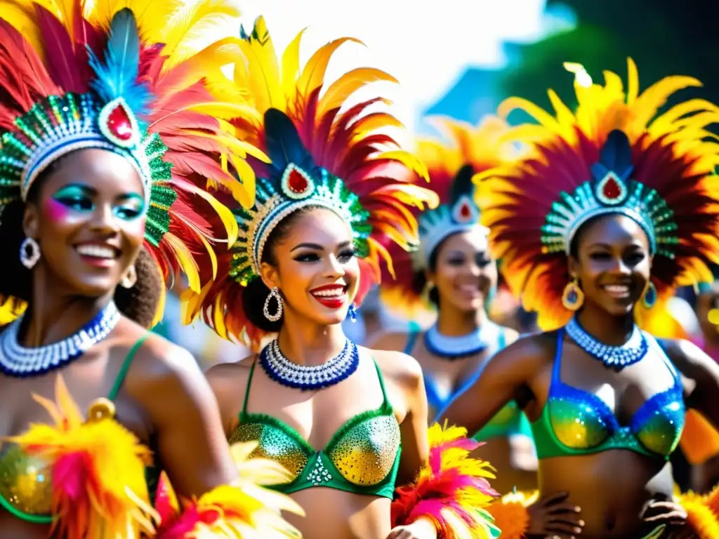 Esencia vibrante del samba en el Carnaval de Río Grupo de bailarines de samba con trajes vibrantes y plumas, danza en el Carnaval de Río de Janeiro