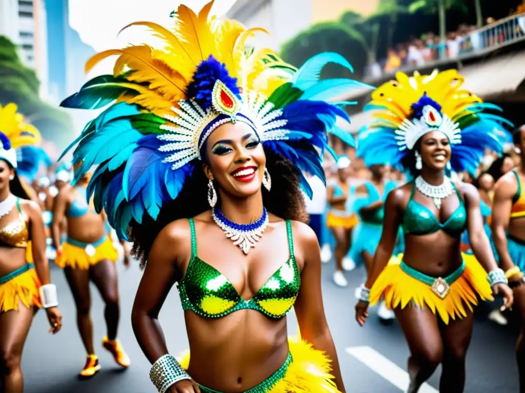 Grupo de bailarines de samba con trajes coloridos desfilando en el Carnaval de Río de Janeiro, mostrando el significado cultural del Carnaval de Río