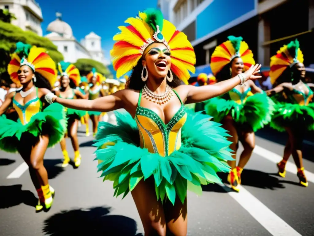 Grupo de bailarines de samba con trajes vibrantes desfilando en el Carnaval de Río, capturando el significado cultural del Carnaval de Río con energía y pasión