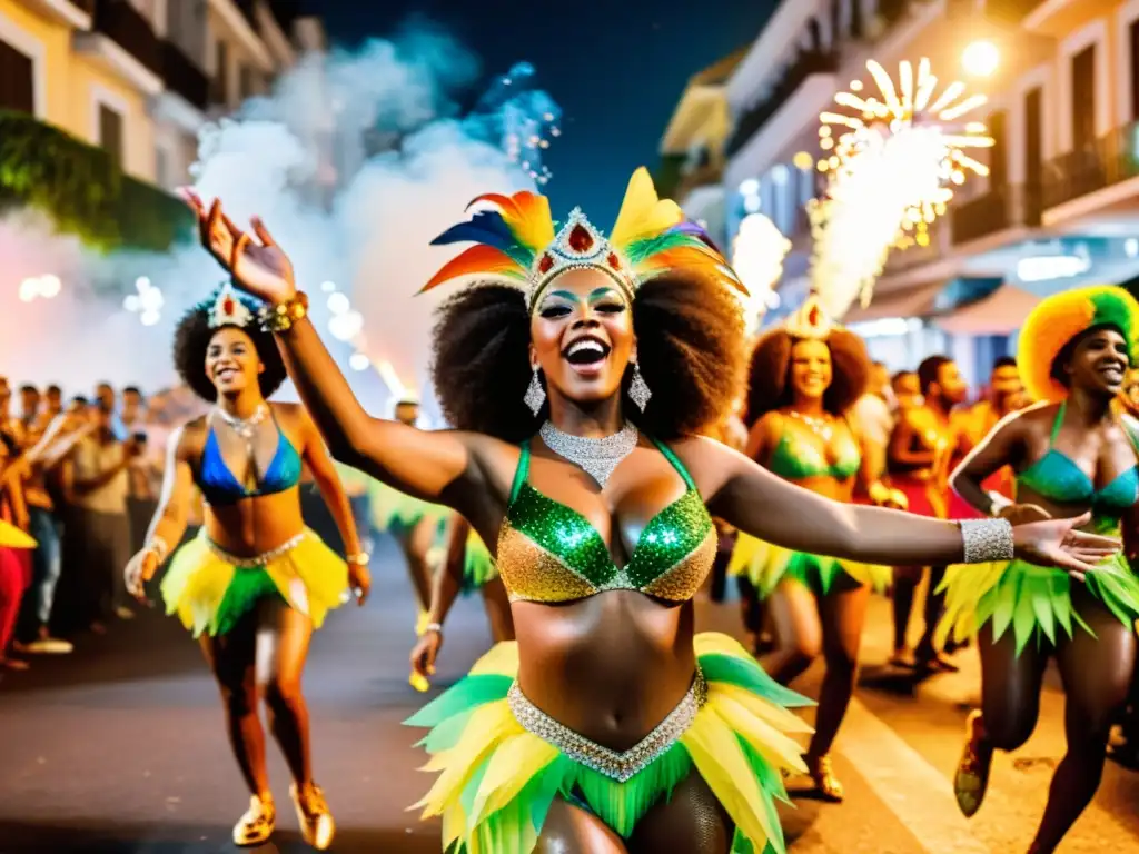 Grupo de bailarines de samba con trajes vibrantes desfilando en el Carnaval de Río, capturando el significado cultural del Carnaval de Río