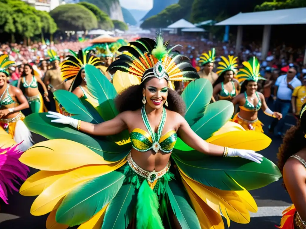 Grupo de bailarines de samba con trajes coloridos y plumas en el vibrante Carnaval de Río, capturando el significado cultural del evento