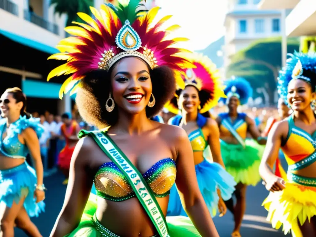 Grupo de bailarines de samba con trajes coloridos desfilando en el Carnaval de Río