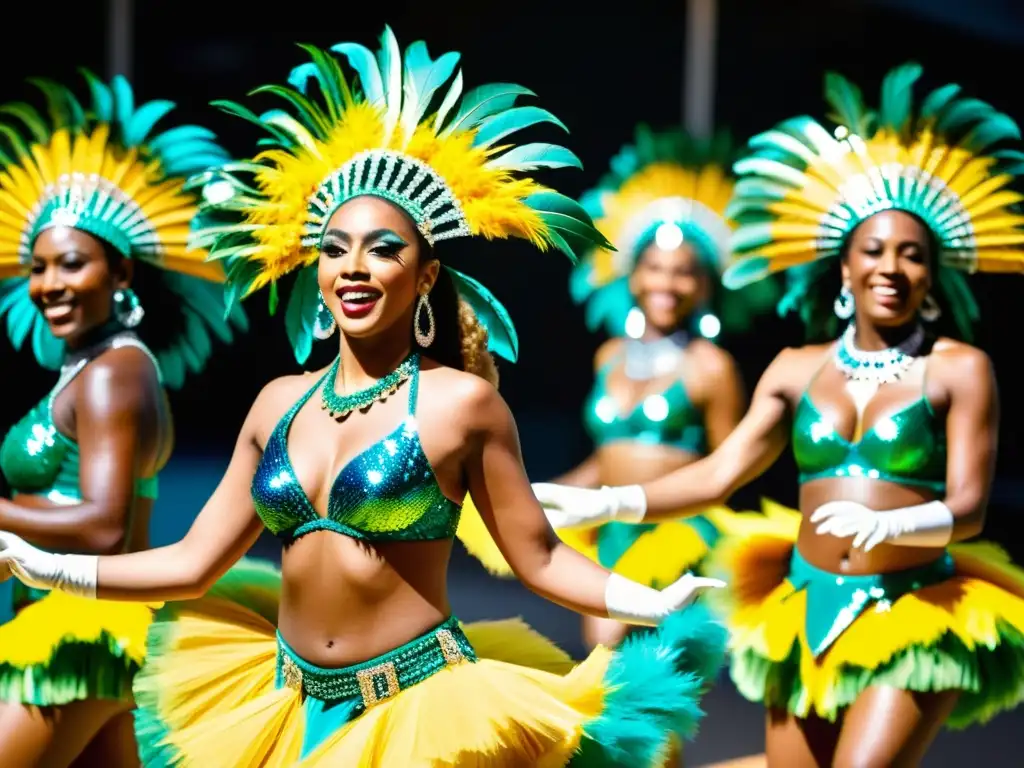 Grupo de bailarines de samba con trajes vibrantes y plumas, danzando al ritmo de una banda de samba brasileña