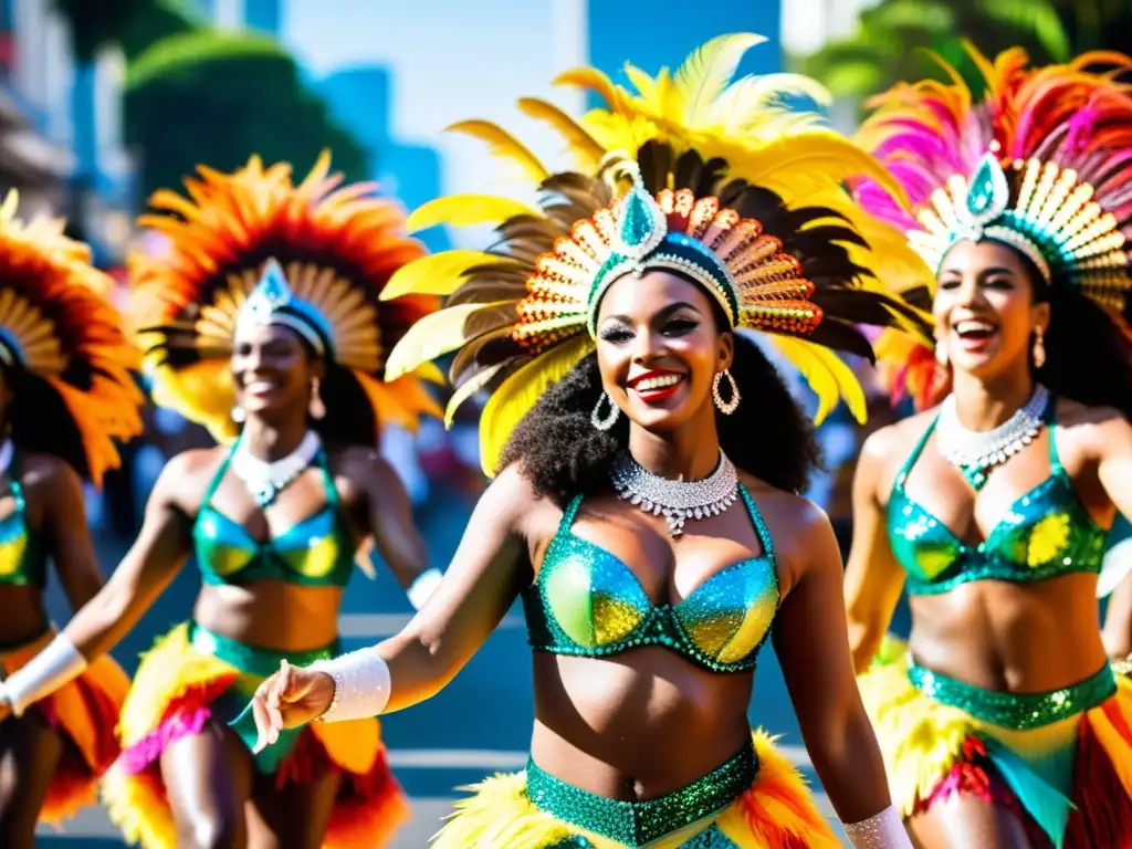 Grupo de bailarines de samba con trajes coloridos y plumas durante el Carnaval de Río, reflejando el significado cultural del evento