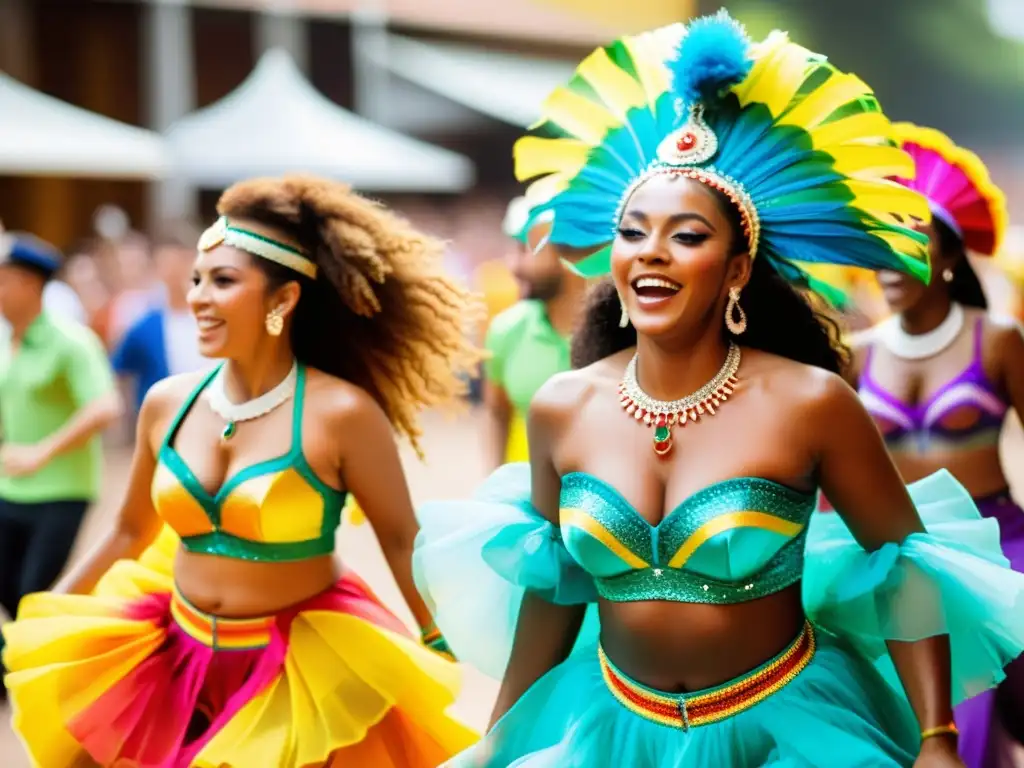 Grupo de bailarines de samba en trajes coloridos, celebrando la energía y pasión del samba brasileño