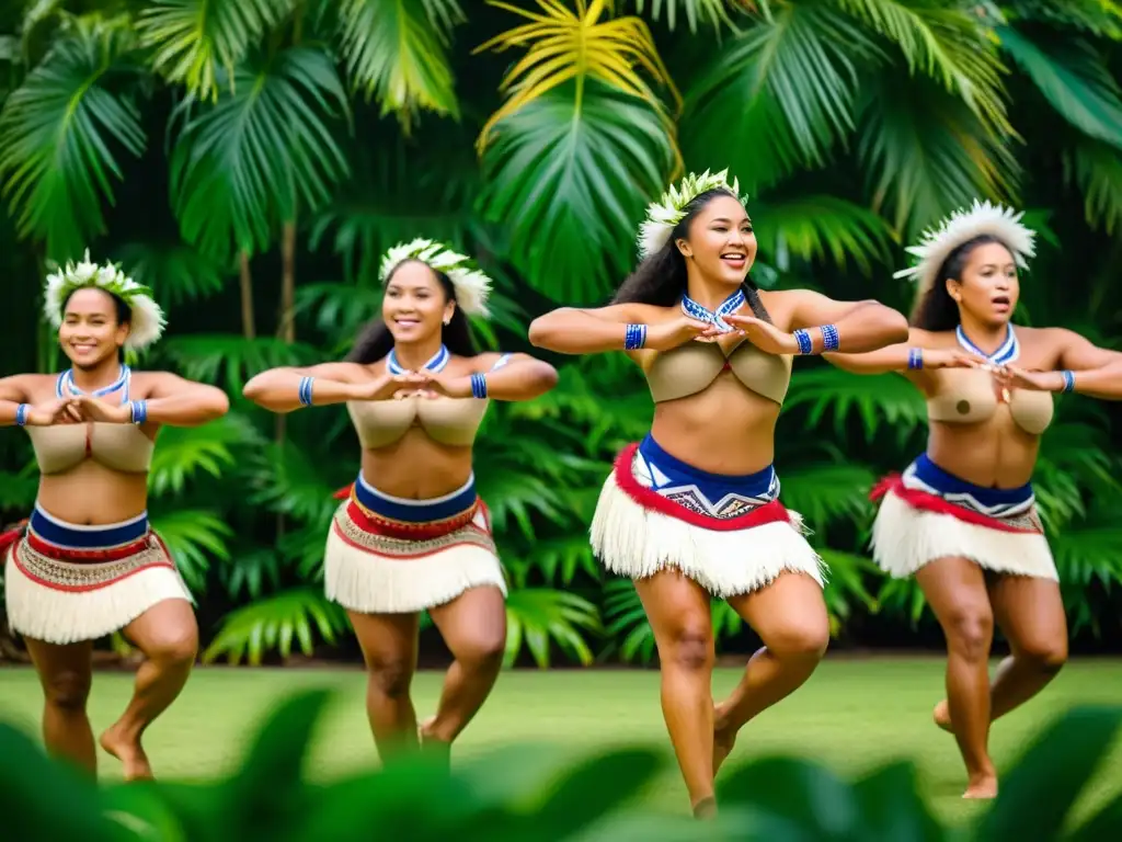 Grupo de bailarines samoanos ejecutando la Danza del Siva Samoa, mostrando la gracia y el significado cultural de este baile tradicional