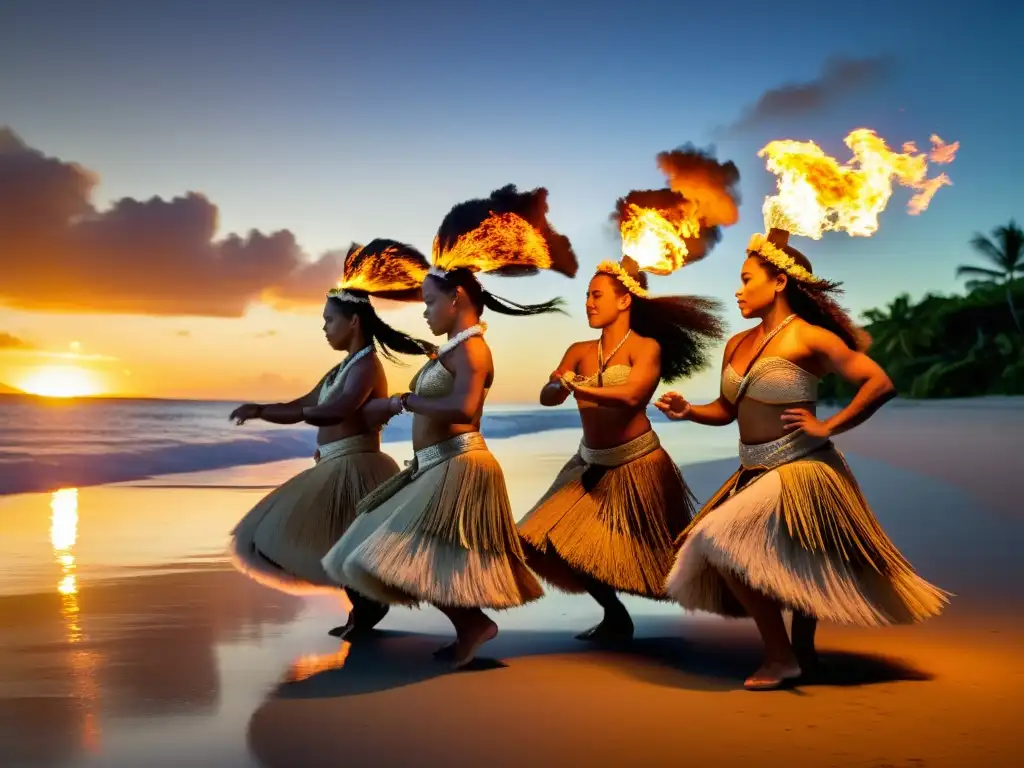 Grupo de bailarines samoanos en Festival de Danza de Samoa ejecutando una danza de fuego en la playa al atardecer, conectando con la naturaleza