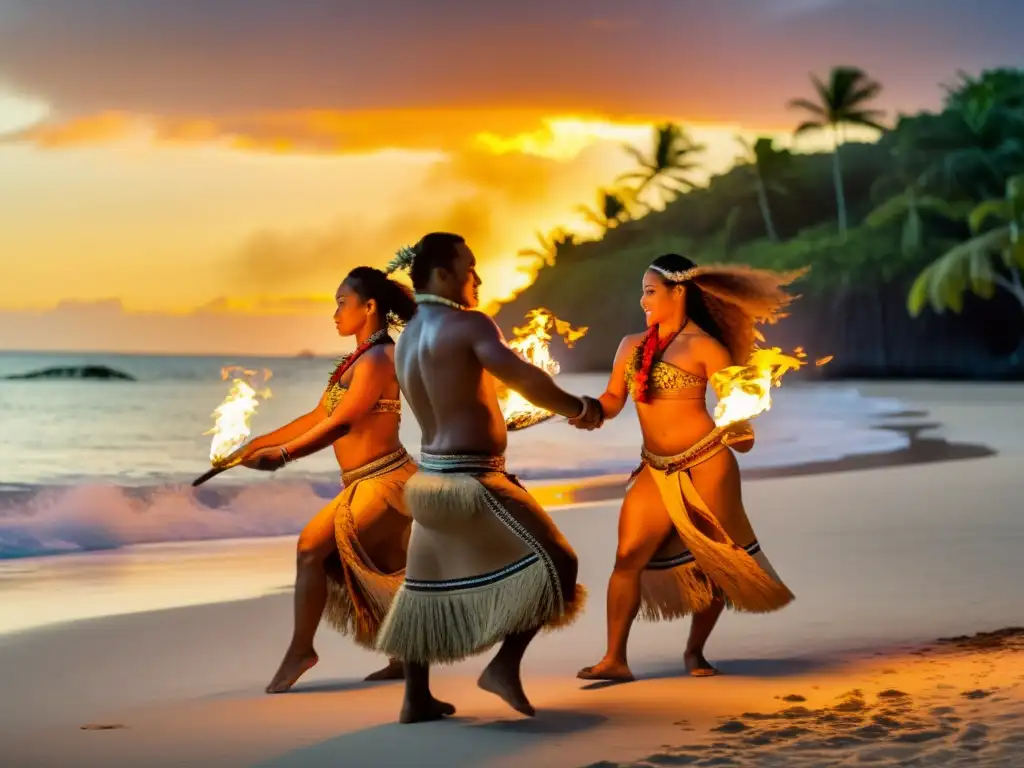 Grupo de bailarines samoanos realizando un hipnótico baile de fuego en la playa al atardecer, en el Festival de Danza de Samoa