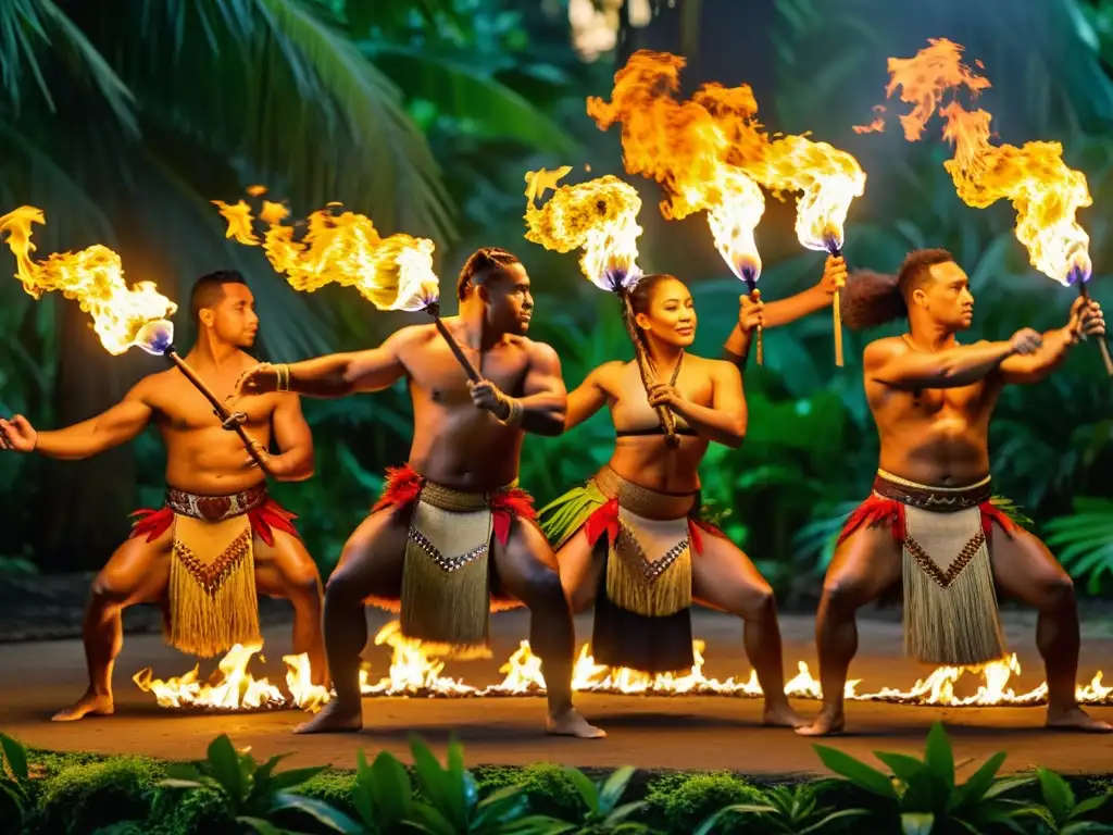 Grupo de bailarines samoanos realizando una impresionante danza de fuego en el Festival de Danza de Samoa, entre exuberante vegetación al atardecer