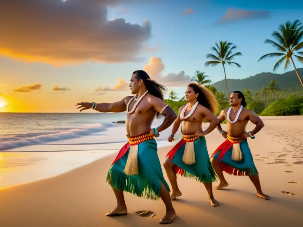 Grupo de bailarines samoanos realizando una poderosa danza Siva al atardecer en la playa