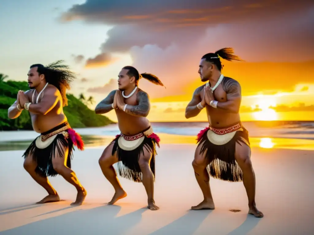 Grupo de bailarines samoanos realizando el Siva Samoano al atardecer en una playa, destacando el significado cultural del Siva Samoano