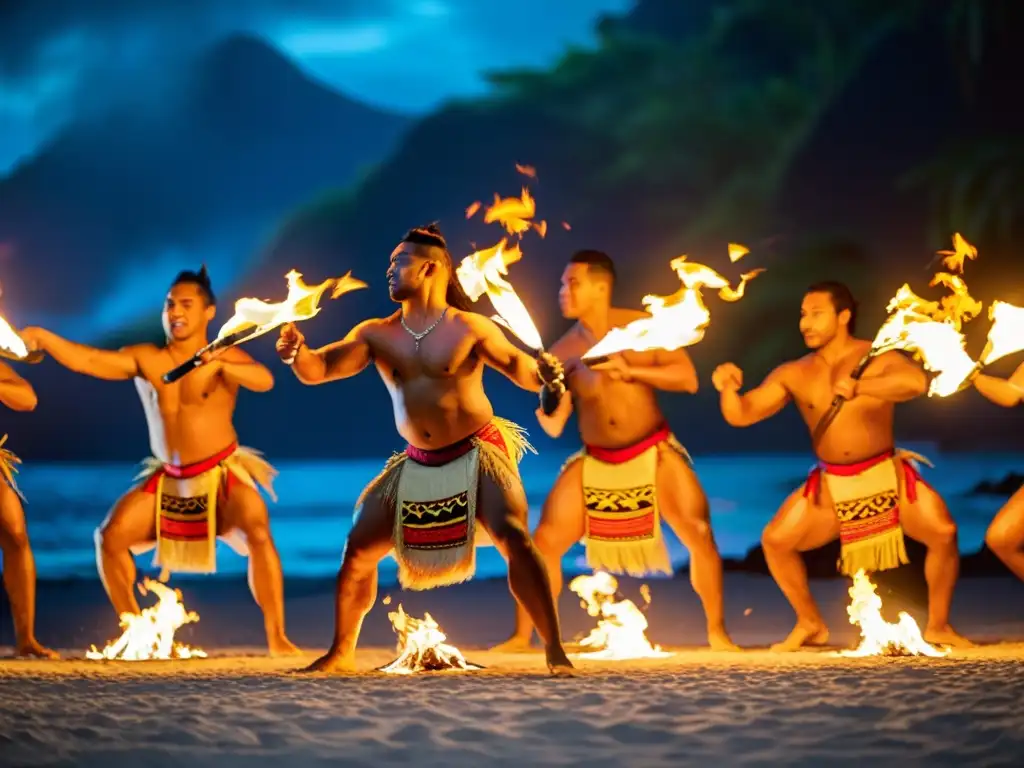 Un grupo de bailarines samoanos ejecuta la Siva Afi en el Festival de Danza de Samoa, con trajes tradicionales y fuego