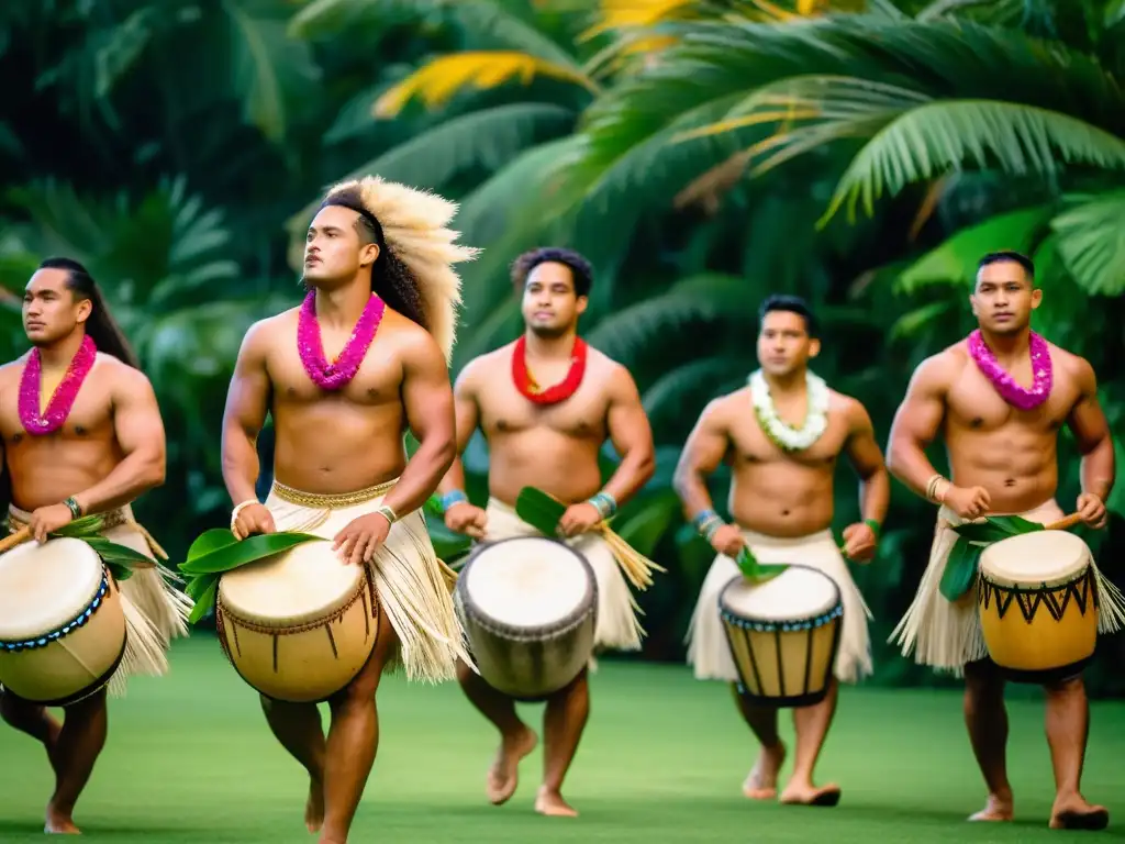 Un grupo de bailarines samoanos con trajes tradicionales, moviéndose en sincronía al ritmo de tambores tradicionales, con decoraciones florales vibrantes en el cabello y collares de flores alrededor de sus cuellos